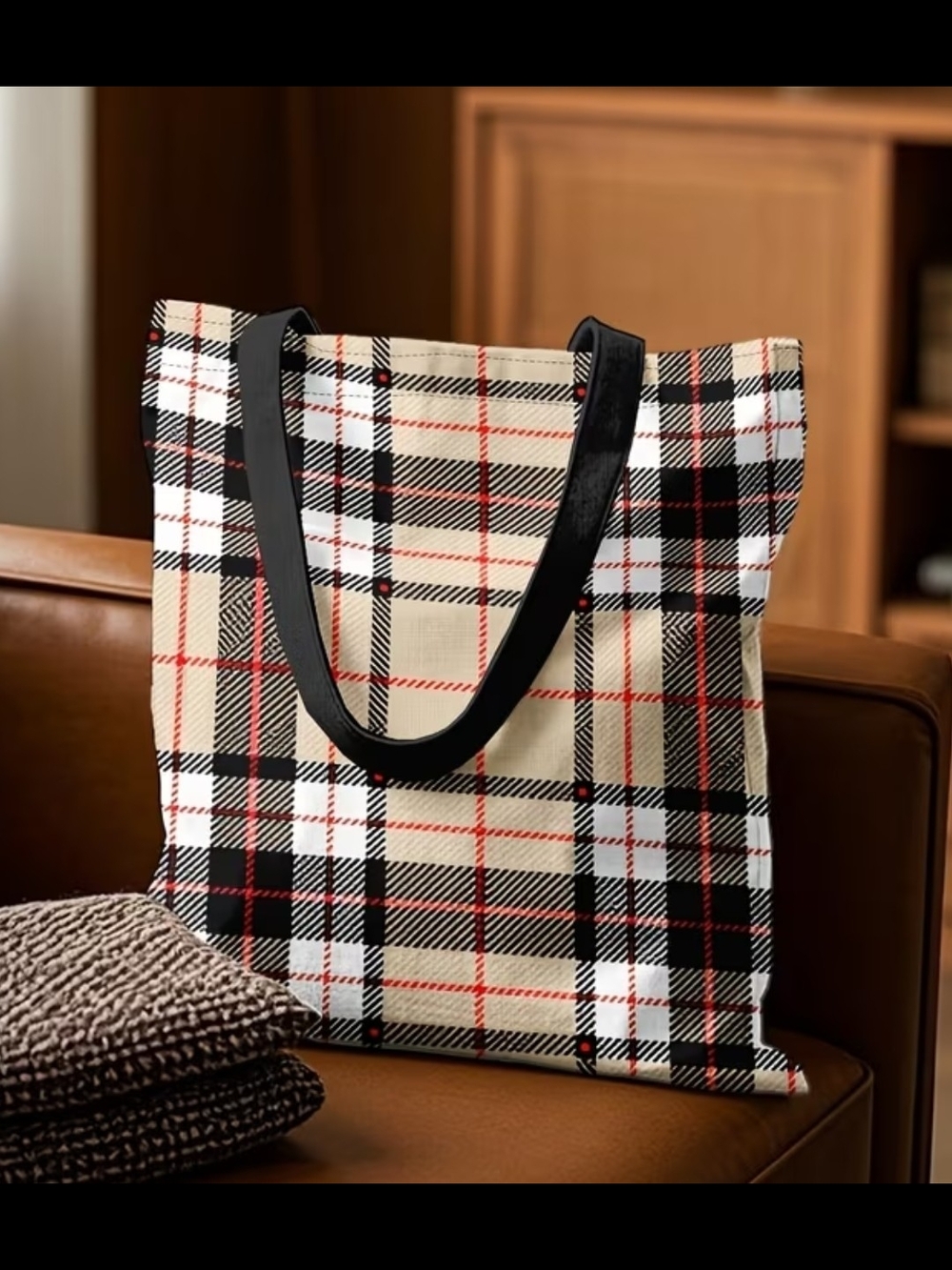 Plaid Tote with Black Straps - Beige, Black & Red